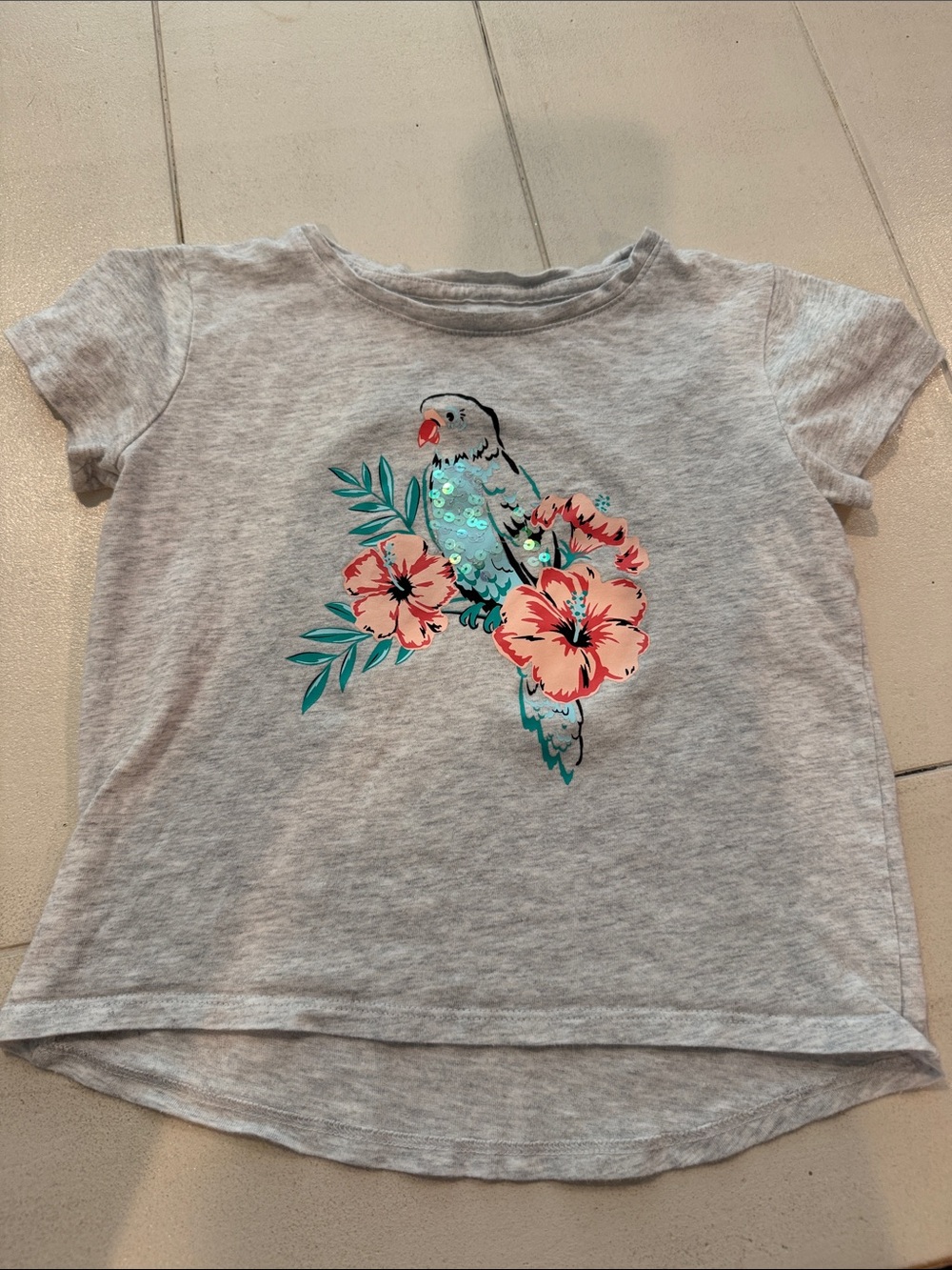 Girls' Heather Gray Parrot & Floral Sequin Tee
